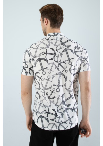 Erkek Slim Fit Kesim Çapa Desenli Dijital Baskılı Apaş Yaka Pamuklu Kısa Kol Gömlek