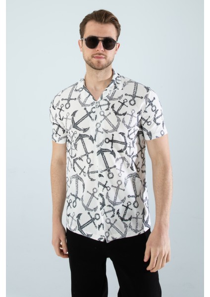 Erkek Slim Fit Kesim Çapa Desenli Dijital Baskılı Apaş Yaka Pamuklu Kısa Kol Gömlek modelleri