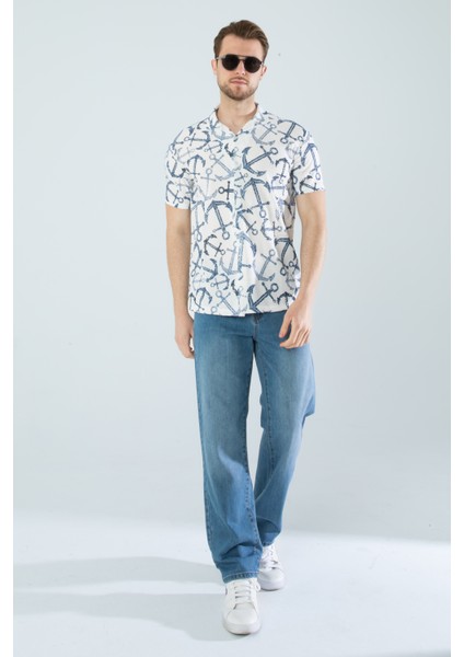 Erkek Slim Fit Kesim Çapa Desenli Dijital Baskılı Apaş Yaka Pamuklu Kısa Kol Gömlek
