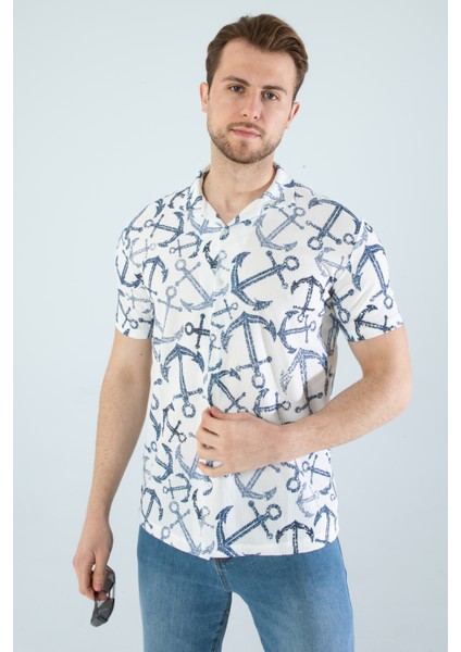 Erkek Slim Fit Kesim Çapa Desenli Dijital Baskılı Apaş Yaka Pamuklu Kısa Kol Gömlek