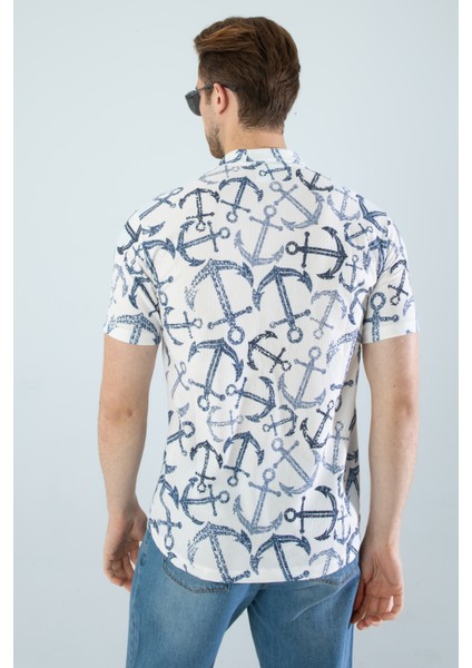 Erkek Slim Fit Kesim Çapa Desenli Dijital Baskılı Apaş Yaka Pamuklu Kısa Kol Gömlek