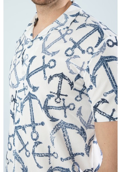 Erkek Slim Fit Kesim Çapa Desenli Dijital Baskılı Apaş Yaka Pamuklu Kısa Kol Gömlek
