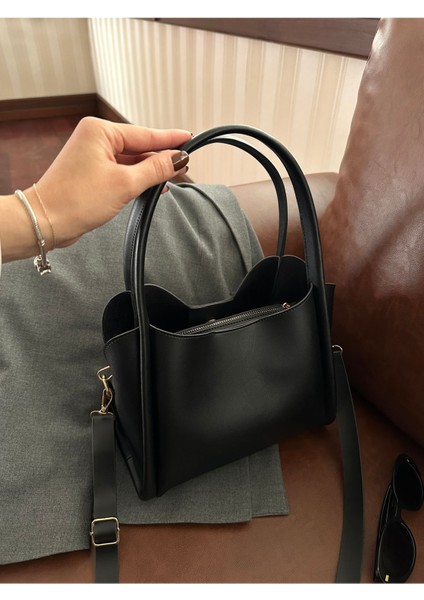 Kadın Üç Bölmeli Özel Tasarım Çıkarılabilir Makyaj Çantalı Siyah Deri El Ve Omuz Çantası Rain