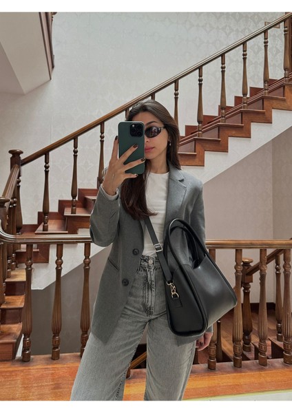 Kadın Üç Bölmeli Özel Tasarım Çıkarılabilir Makyaj Çantalı Siyah Deri El Ve Omuz Çantası Rain indirimleri