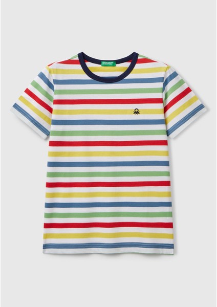 Erkek Çocuk Renkli Mix Çizgili Önü Logo Işlemeli T-Shirt