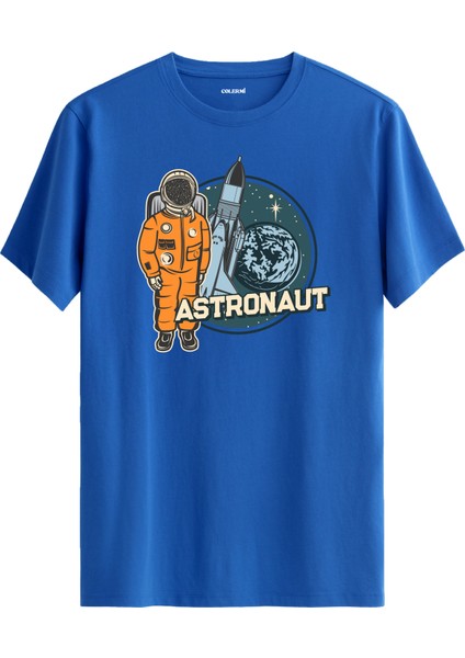 Turuncu Astronot ve Roket Baskılı Mavi Pamuk Tişört