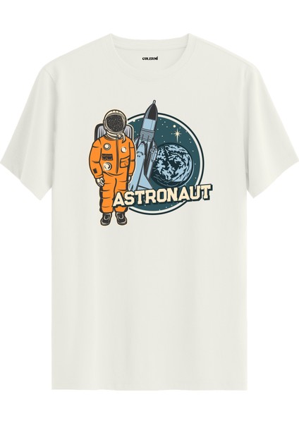 Turuncu Astronot ve Roket Baskılı Ekru Pamuk Tişört