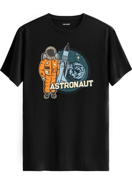 Turuncu Astronot ve Roket Baskılı Siyah Pamuk Tişört