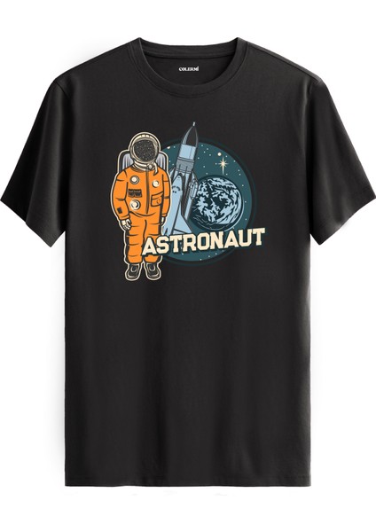 Turuncu Astronot ve Roket Baskılı Antrasit Pamuk Tişört
