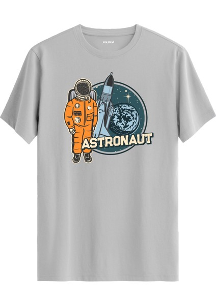 Turuncu Astronot ve Roket Baskılı Gri Pamuk Tişört