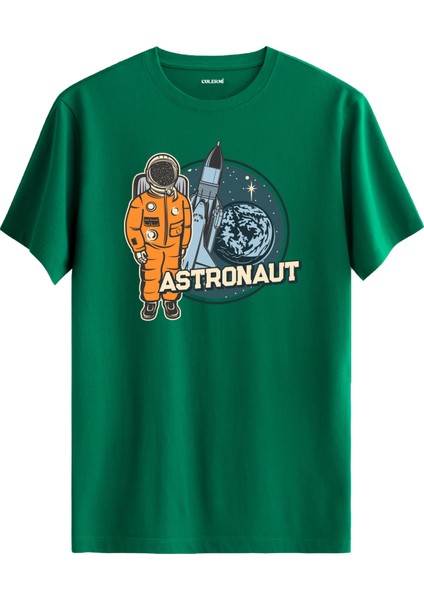 Turuncu Astronot ve Roket Baskılı Yeşil Pamuk Tişört