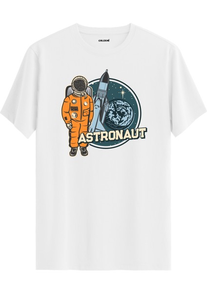 Turuncu Astronot ve Roket Baskılı Beyaz Pamuk Tişört