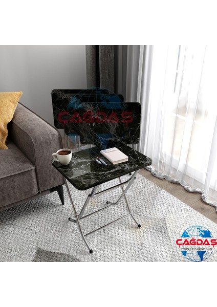 Avenza Katlanabilir Siyah Mermer Zigon 4'lü Sehpa Takım Paslanmaz Gri Metal Ayaklı 35 x 45
