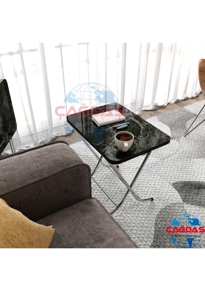 Avenza Katlanabilir Siyah Mermer Zigon 4'lü Sehpa Takım Paslanmaz Gri Metal Ayaklı 35 x 45