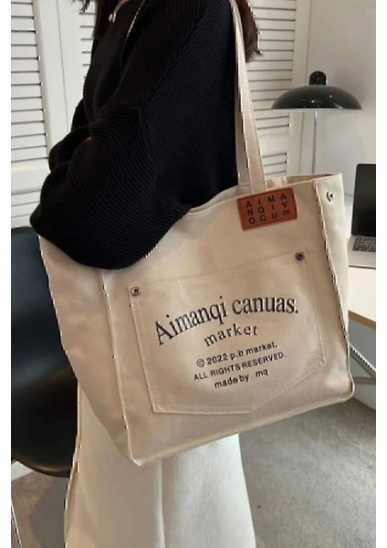Canuas Bej Organik Kanvas Kumaş Tote Cepli Büyük Omuz Çantası fiyatları