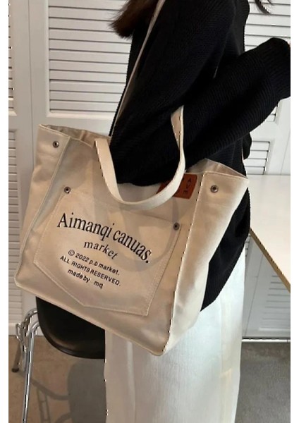 Canuas Bej Organik Kanvas Kumaş Tote Cepli Büyük Omuz Çantası modelleri