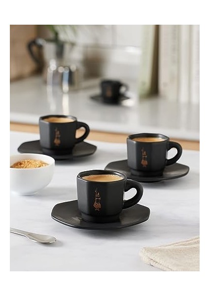 - 4'lü Espresso Fincan Seti - Sekizgen Tasarım - Siyah Renk - Porselen