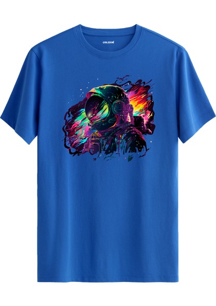 Renkli Astronot Baskılı Mavi Pamuk Tişört