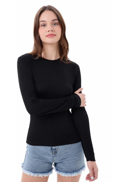 Kadın Siyah Bisiklet Yaka Uzun Kollu Viskon Basic Body
