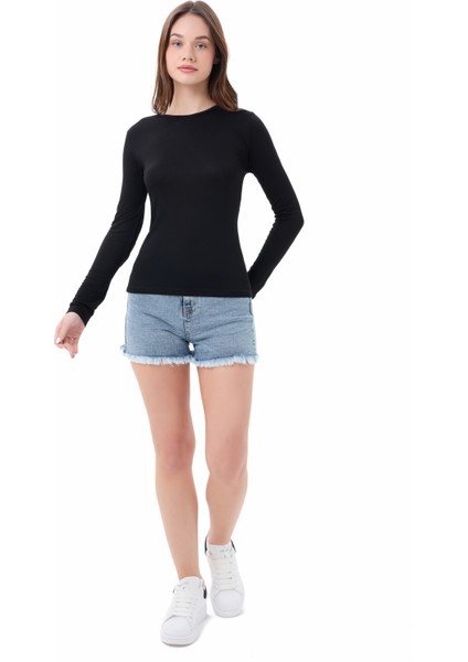 Kadın Siyah Bisiklet Yaka Uzun Kollu Viskon Basic Body