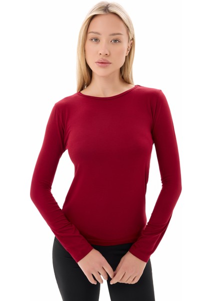 Kadın Bordo Bisiklet Yaka Uzun Kollu Viskon Basic Body