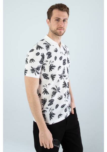 Erkek Slim Fit Kesim Yaprak Desenli Dijital Baskılı Y Yaka Pamuklu Likralı Yakalı Kısa Kol T-Shirt