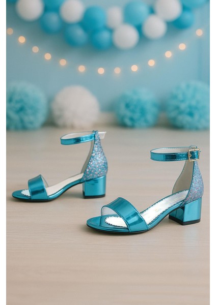 Elsa Mavi Rugan Simli Kalın Topuklu Kız Çocuk Abiye Ayakkabı