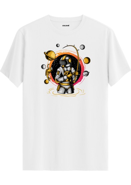 Astronot ve Gezegen Avı Baskılı Beyaz Pamuk Tişört