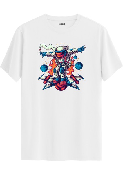 Roket Üzerinde Astronot Baskılı Beyaz Pamuk Tişört