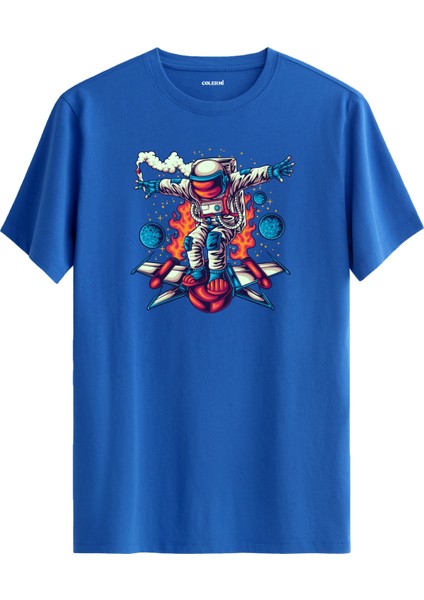 Roket Üzerinde Astronot Baskılı Mavi Pamuk Tişört