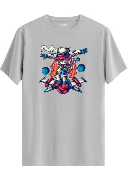 Roket Üzerinde Astronot Baskılı Gri Pamuk Tişört