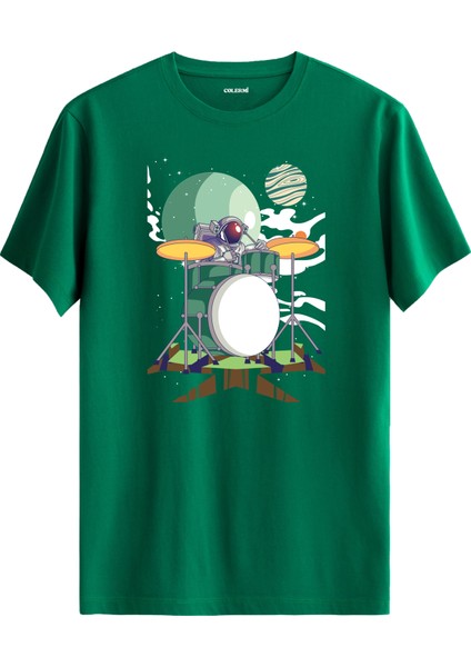Davul Çalan Astronot Baskılı Unisex Yeşil %100 Pamuk Tişört