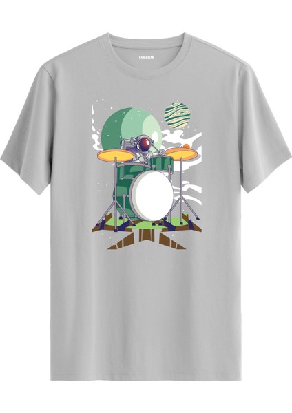 Davul Çalan Astronot Baskılı Unisex Gri %100 Pamuk Tişört
