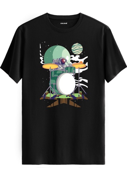 Davul Çalan Astronot Baskılı Unisex Siyah %100 Pamuk Tişört