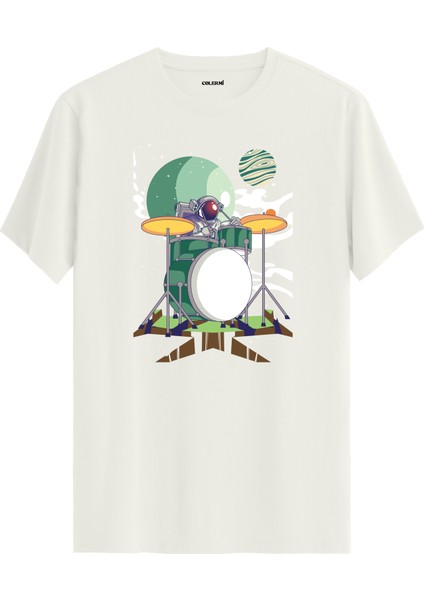 Davul Çalan Astronot Baskılı Unisex Ekru %100 Pamuk Tişört