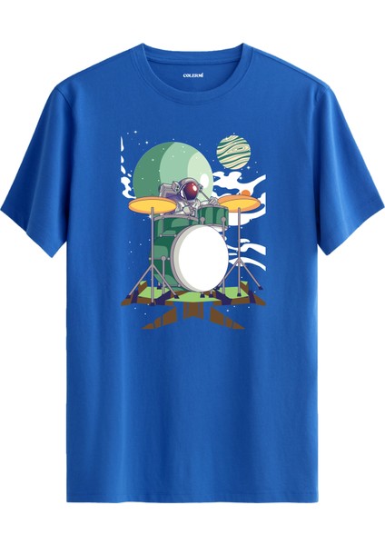Davul Çalan Astronot Baskılı Mavi Pamuk Tişört