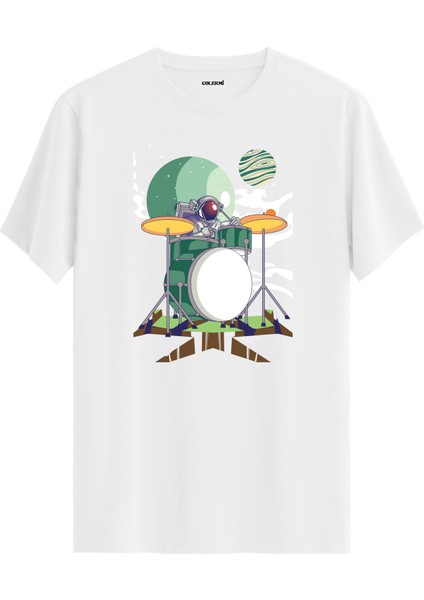 Davul Çalan Astronot Baskılı Unisex Beyaz %100 Pamuk Tişört