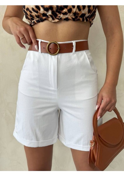 Yüksek Bel Kemerli Gabardin Kadın Şort