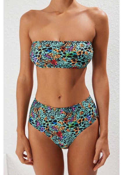 Moda Leopar Atma Kap Straplez Yüksek Bel Hipster Yeşil Straplez Yüksek Bel Hipster Bikini Takımı fiyatları
