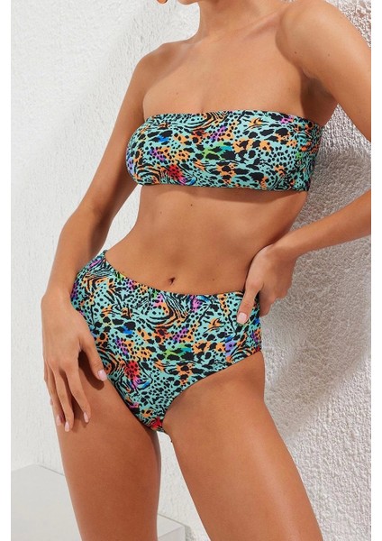 Moda Leopar Atma Kap Straplez Yüksek Bel Hipster Yeşil Straplez Yüksek Bel Hipster Bikini Takımı