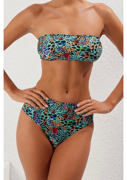 Moda Leopar Atma Kap Straplez Yüksek Bel Hipster Yeşil Straplez Yüksek Bel Hipster Bikini Takımı