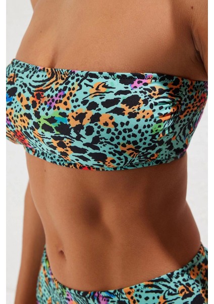 Moda Leopar Atma Kap Straplez Yüksek Bel Hipster Yeşil Straplez Yüksek Bel Hipster Bikini Takımı