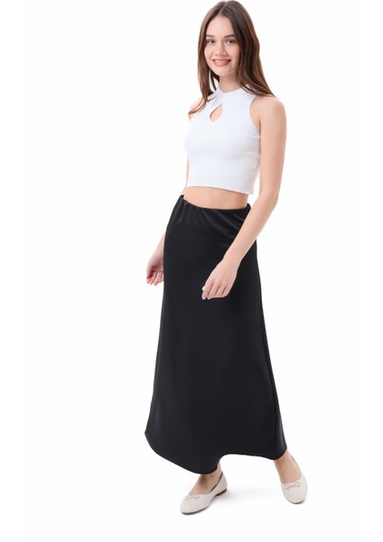 Kadın Siyah Maxi Saten Etek Lastikli