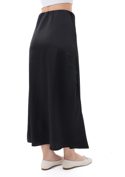 Kadın Siyah Maxi Saten Etek Lastikli modelleri