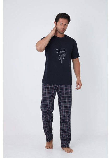 Erkek Kısa Kollu Klasik Penye Rahat Pijama Takımı %100 Pamuk Give Up Baskı