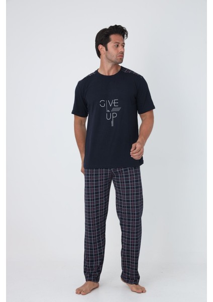 Erkek Kısa Kollu Klasik Penye Rahat Pijama Takımı %100 Pamuk Give Up Baskı