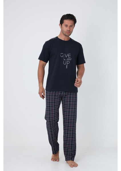 Erkek Kısa Kollu Klasik Penye Rahat Pijama Takımı %100 Pamuk Give Up Baskı