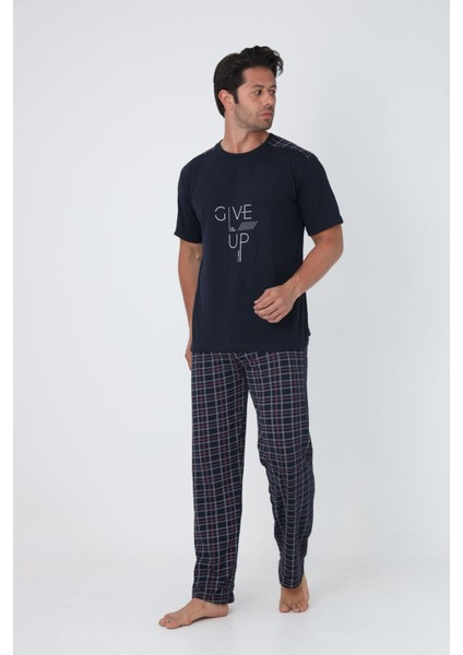 Erkek Kısa Kollu Klasik Penye Rahat Pijama Takımı %100 Pamuk Give Up Baskı