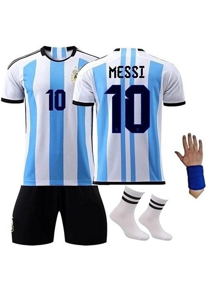 Arjantin Messi Mavi Çubuklu Dünya Kupası 4'lü Set Çocuk Futbol Forması 3 Yıldızlı