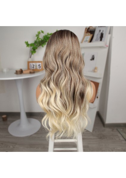 Bebek Kumralı Platin Ombre ve Röfleli Fiber Sentetik Geniş Dalgalı Tül Peruk